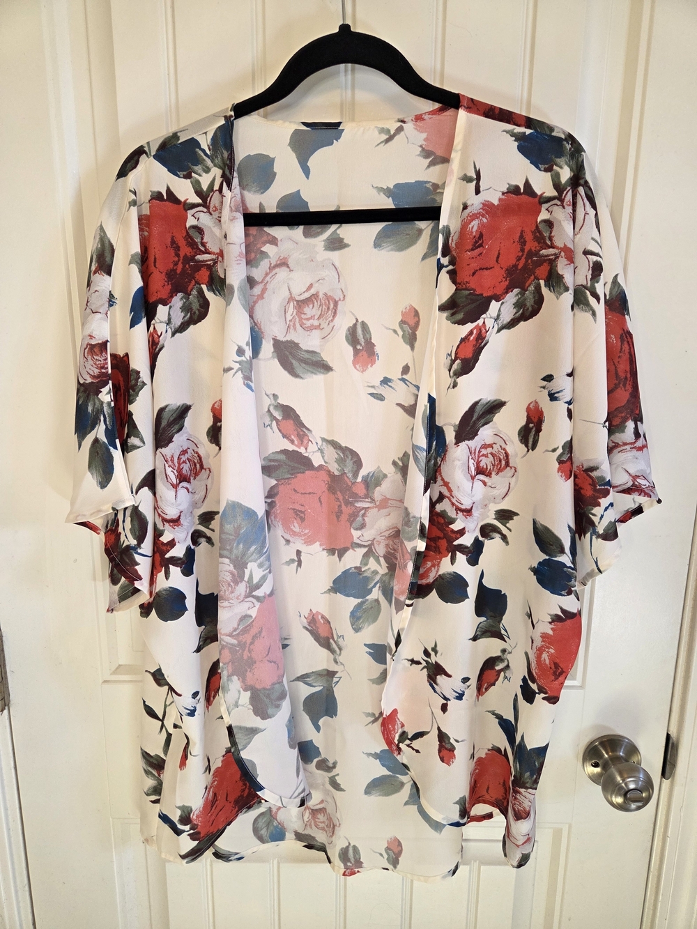 Pink And Red Rose Floral Open Front Kimono